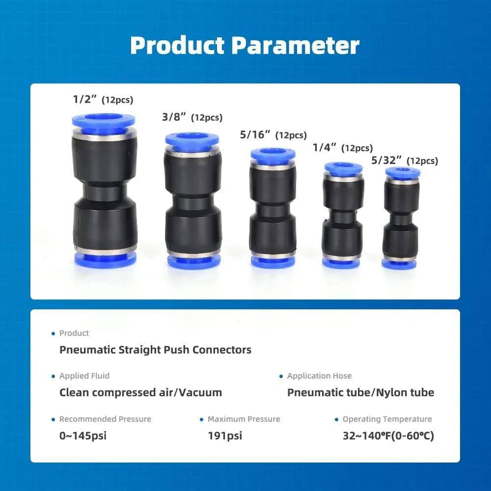 60-piece alloy plastic pneumatic push-in connector set with R1/4 and R1/2 thread fittings