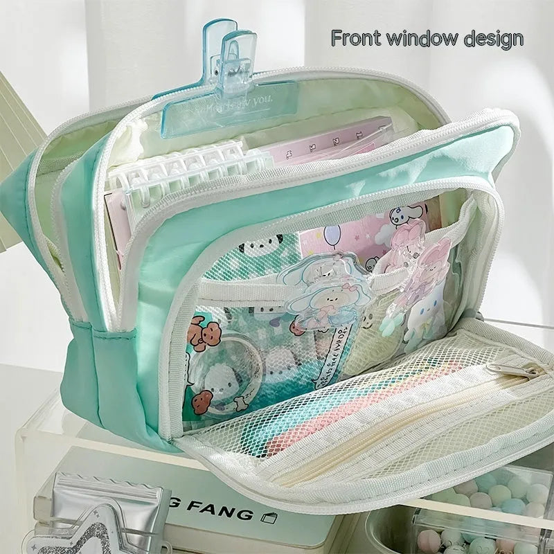 Double layer pencil case in solid colour with gift handle for stationery storage