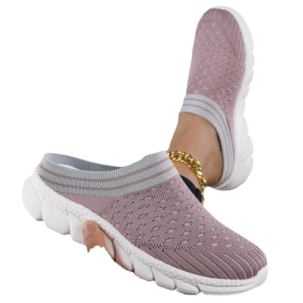 Women's striped Flyknit slipper shoes in black, pink, or purple with hollowed-out sewing line details
