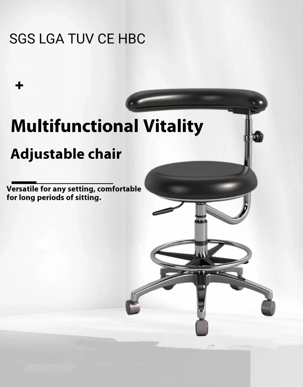 Black leather dental chair with height adjustment and tilt function for hospital use