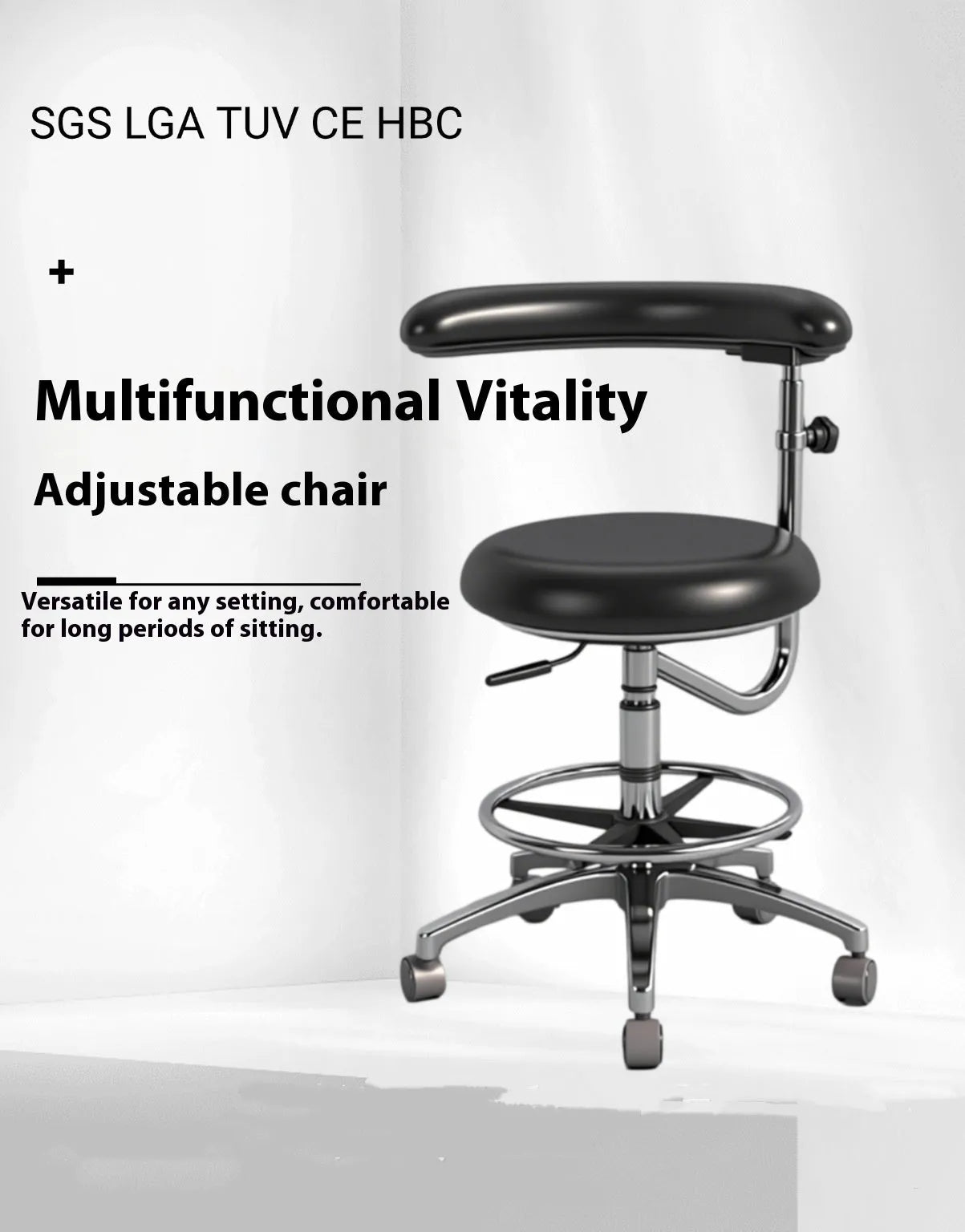 Black leather dental chair with height adjustment and tilt function for hospital use