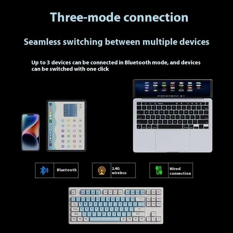 Office Game wireless mechanical keyboard showing 87-key and 108-key layout options in various colours