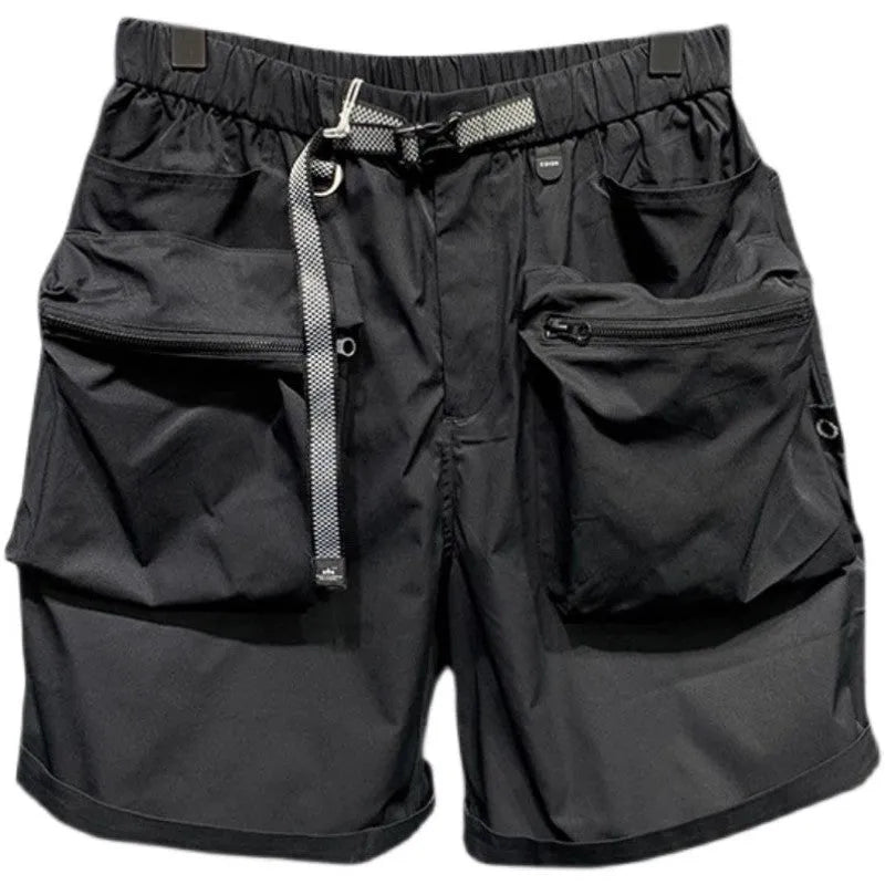 Large size men's black work shorts with pockets and straight leg hem