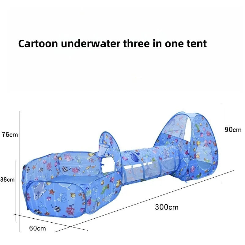 Children's cloth three-in-one play tent with tunnel in a cartoon submarine theme