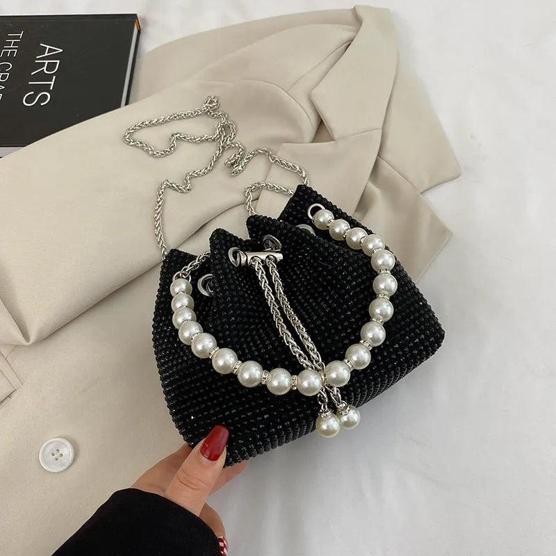 Western style diamond detailing soft PU bucket crossbody bag with chain strap