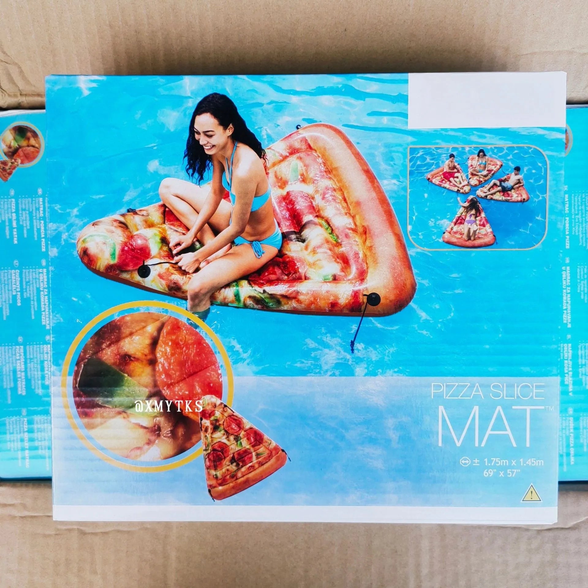Pizza float surfboard inflatable recliner measuring 175cm by 145cm with colourful printed design for water swimming