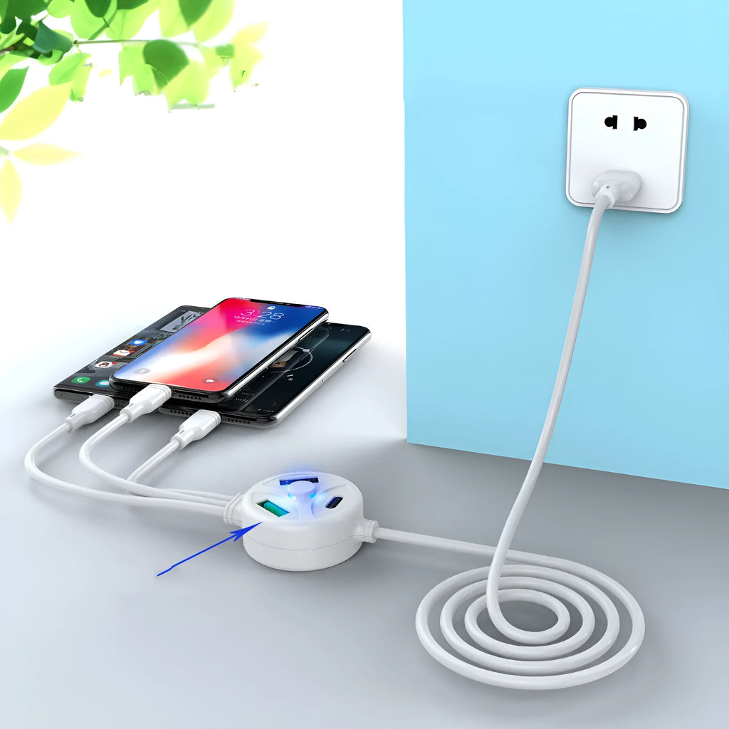 PD fast charge mobile phone cable with three USB connectors in 1.2 metre PVC construction