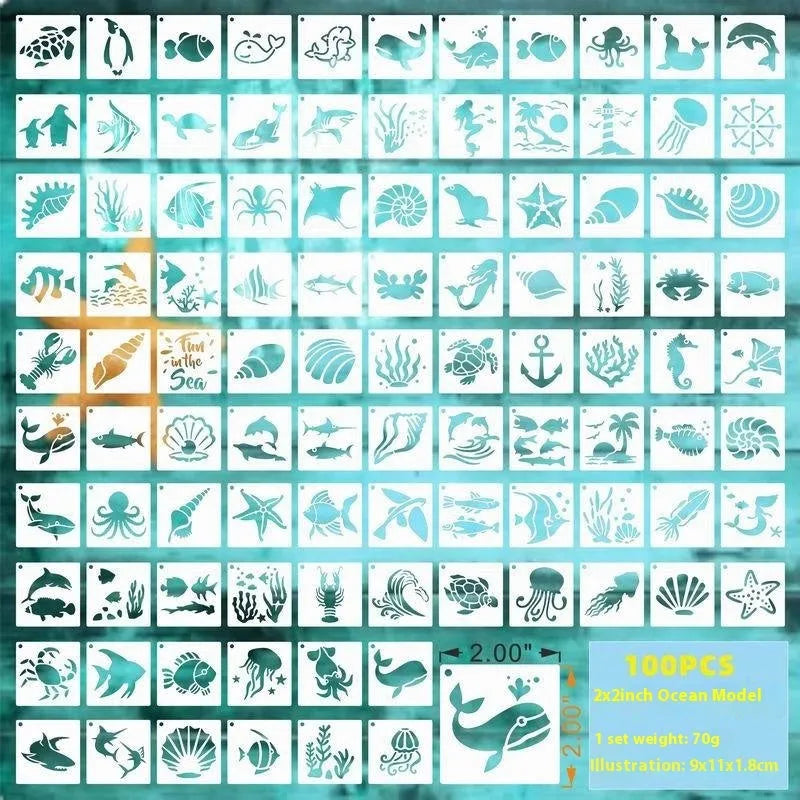 700 PET film hollow spray painting templates in seven 2-inch designs including floral, animal, ocean, and letter patterns