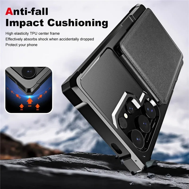 Samsung full cover drop-resistant phone case with card slot and kickstand in black
