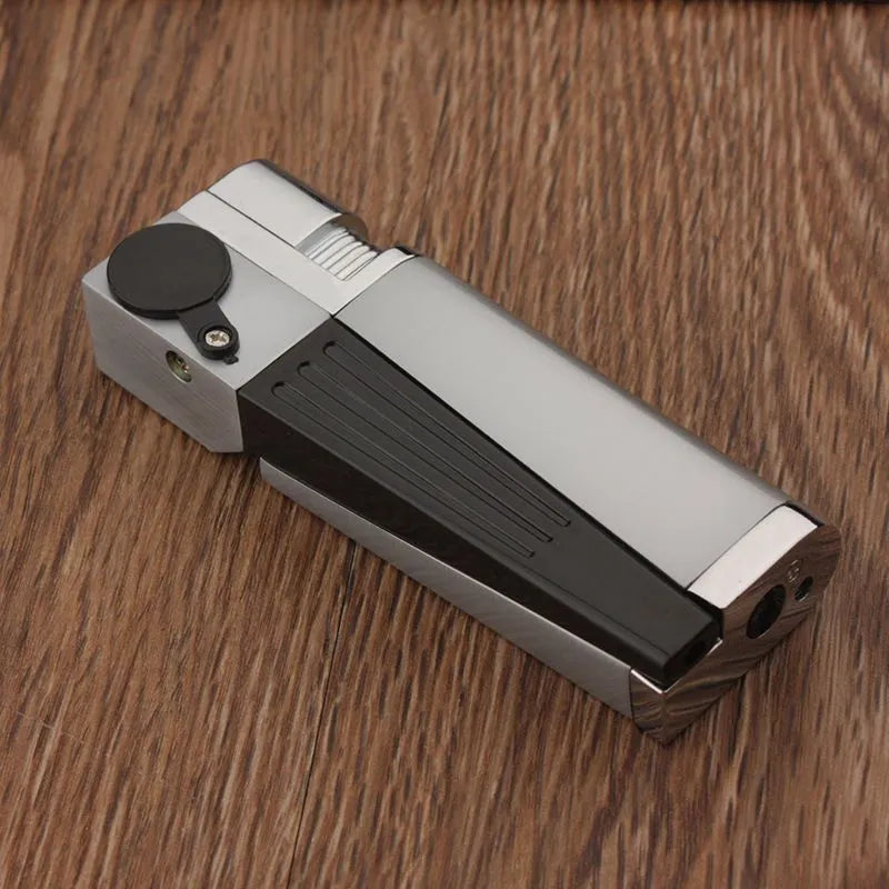 Silver and black foldable metal pipe lighter with stash compartment closed.