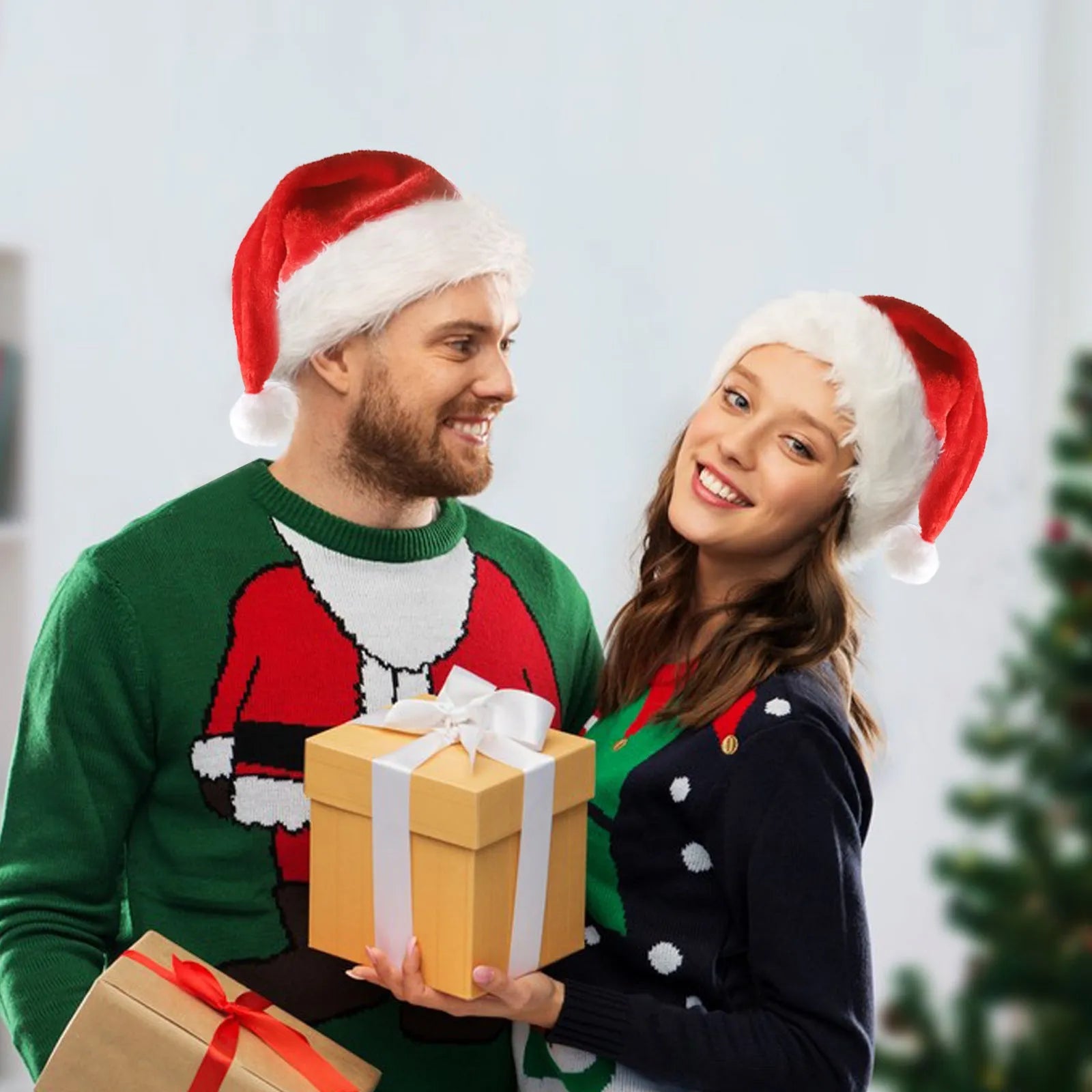 Red and white plush Santa hat with illuminated multi-colour LED lights around the base and a white pom-pom on top.