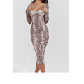 Grey slim-fit A-line dress with digital 3D print pattern and lace detailing, long sleeves.