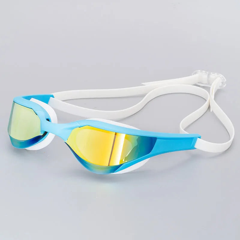 Racing style swimming goggles with mirror lenses and adjustable nose bridge on a blue background.