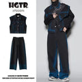Blue distressed denim fleece-lined vest and jeans two-piece set with a spray colour gradient effect.