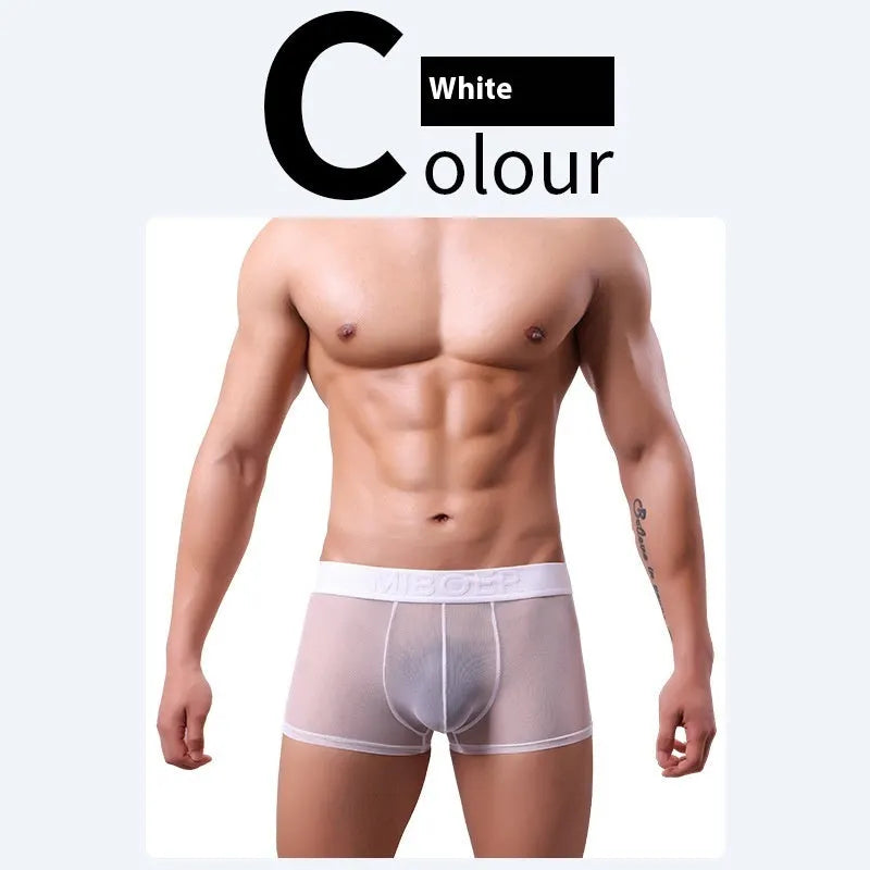 Men's thin solid colour boxer shorts in quick-dry polyester fabric on a size chart.