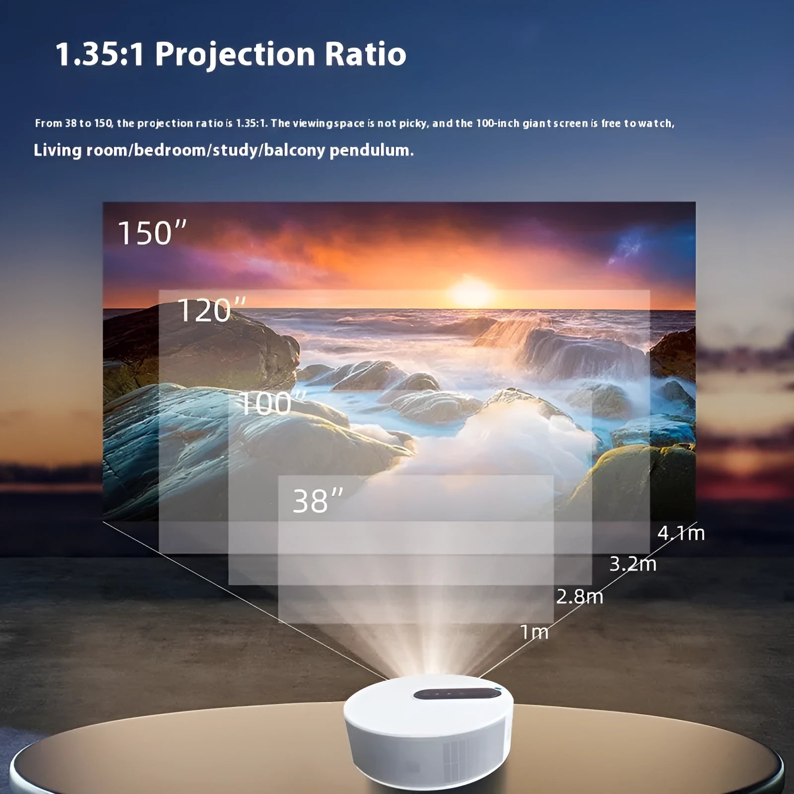 White 720p HD home projector with remote control on a table.