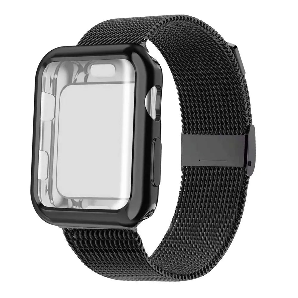 Magnetic Milanese metal band for Apple Watch in silver on a 42mm watch, showing adjustable clasp.