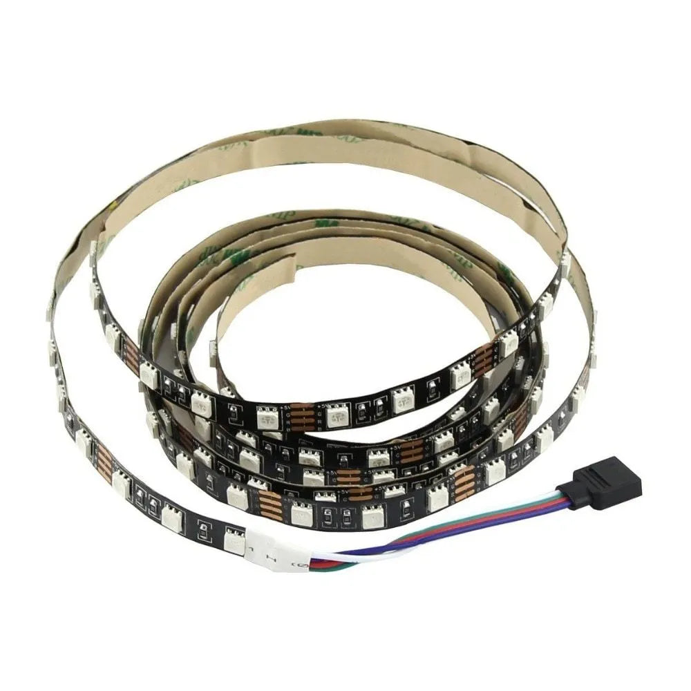 A one-metre long flexible USB LED light strip with SMD5050 LEDs, shown with its 50cm integrated cable, available in six colours.
