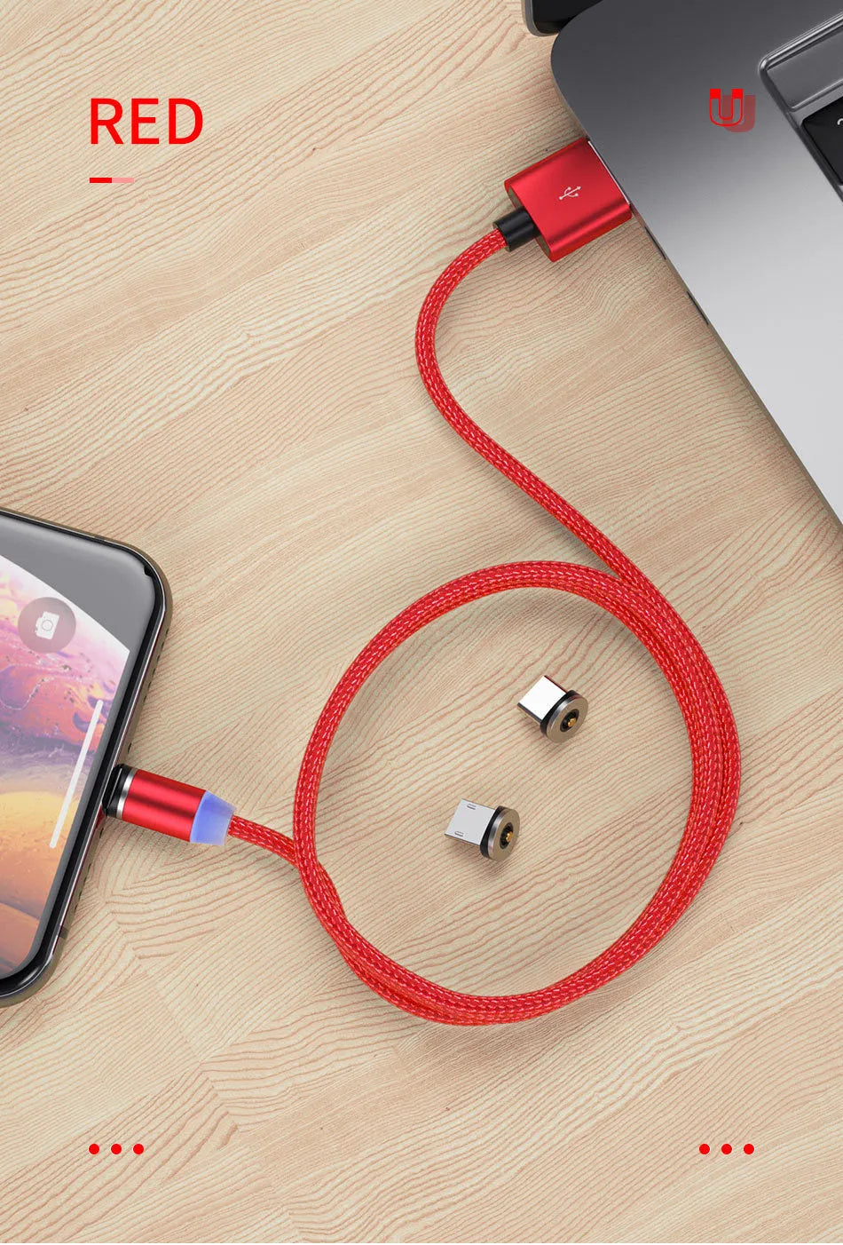 Magnetic USB charging cable with LED indicator showing black and red colour options