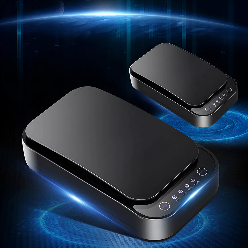Blue and white ultraviolet disinfection box for mobile phones with wireless charging and aromatherapy functions.