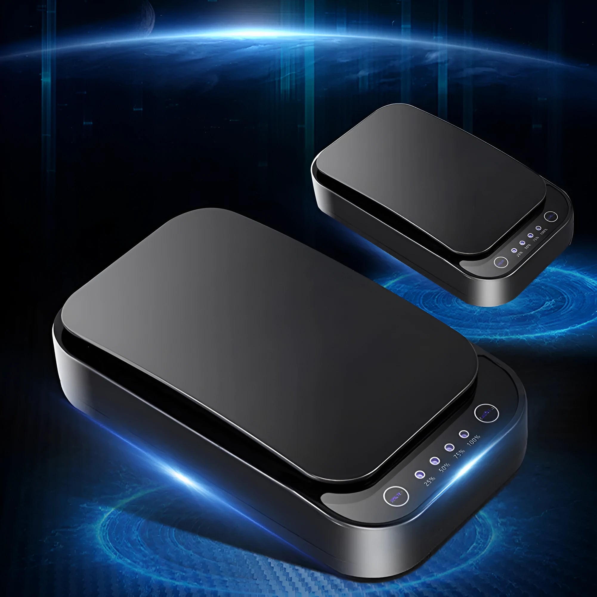Blue and white ultraviolet disinfection box for mobile phones with wireless charging and aromatherapy functions.
