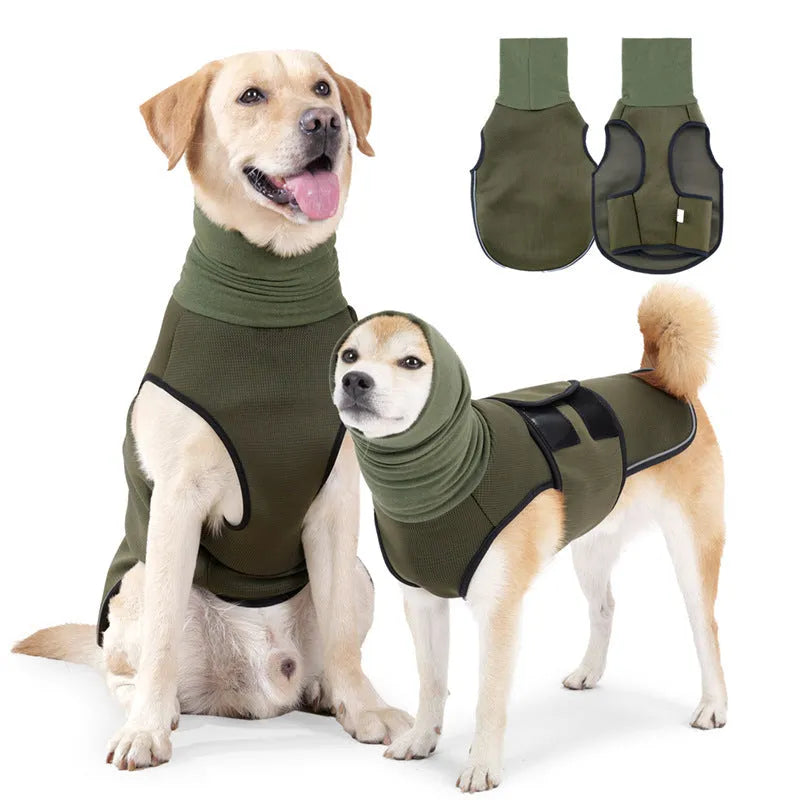 Army green dog anxiety jacket with mood-soothing design on medium-sized dog