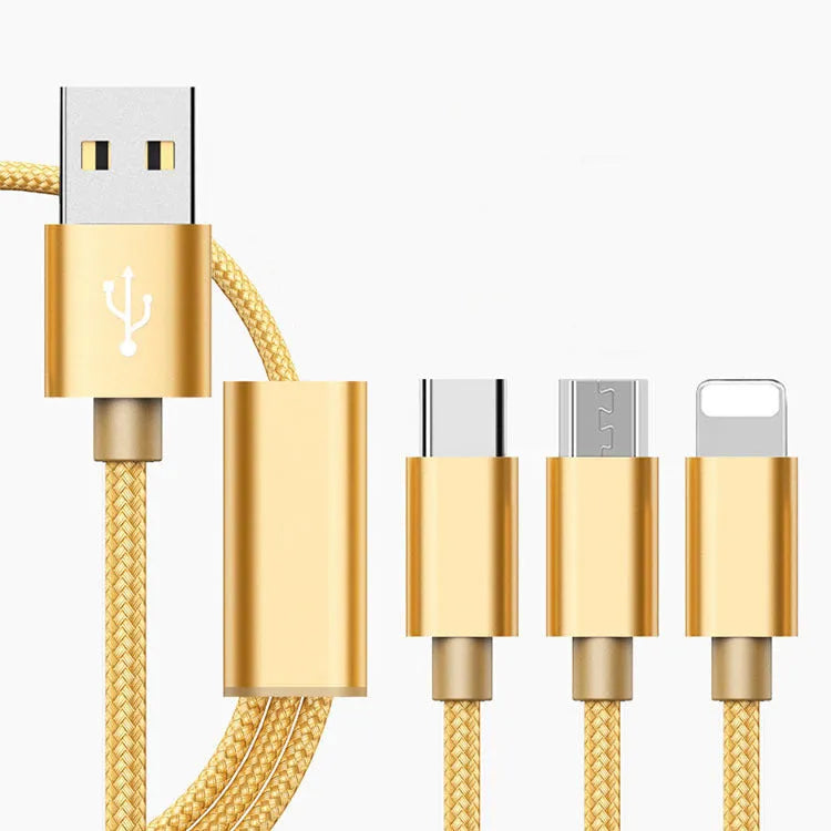 Three-in-one mobile phone charging cable with 1.2m length in multiple colour options