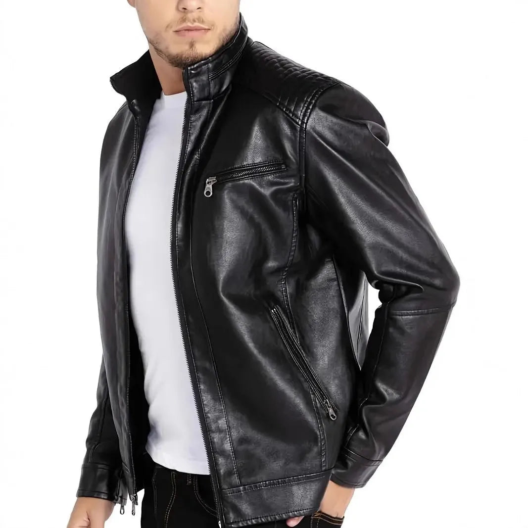Men's black artificial leather punk motorcycle jacket with a stand collar and patch pocket.