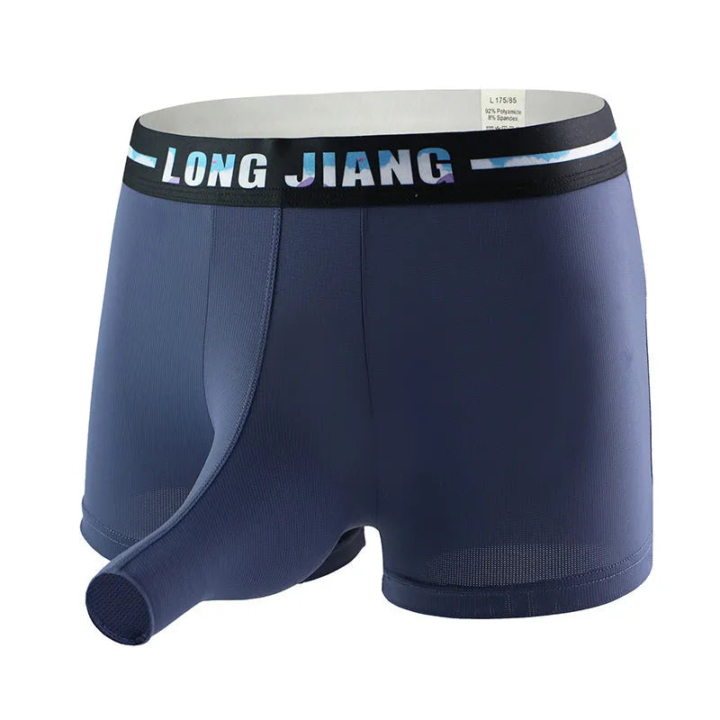 Men's ice silk boxers in solid colours showing mid-waist design and thin fabric texture