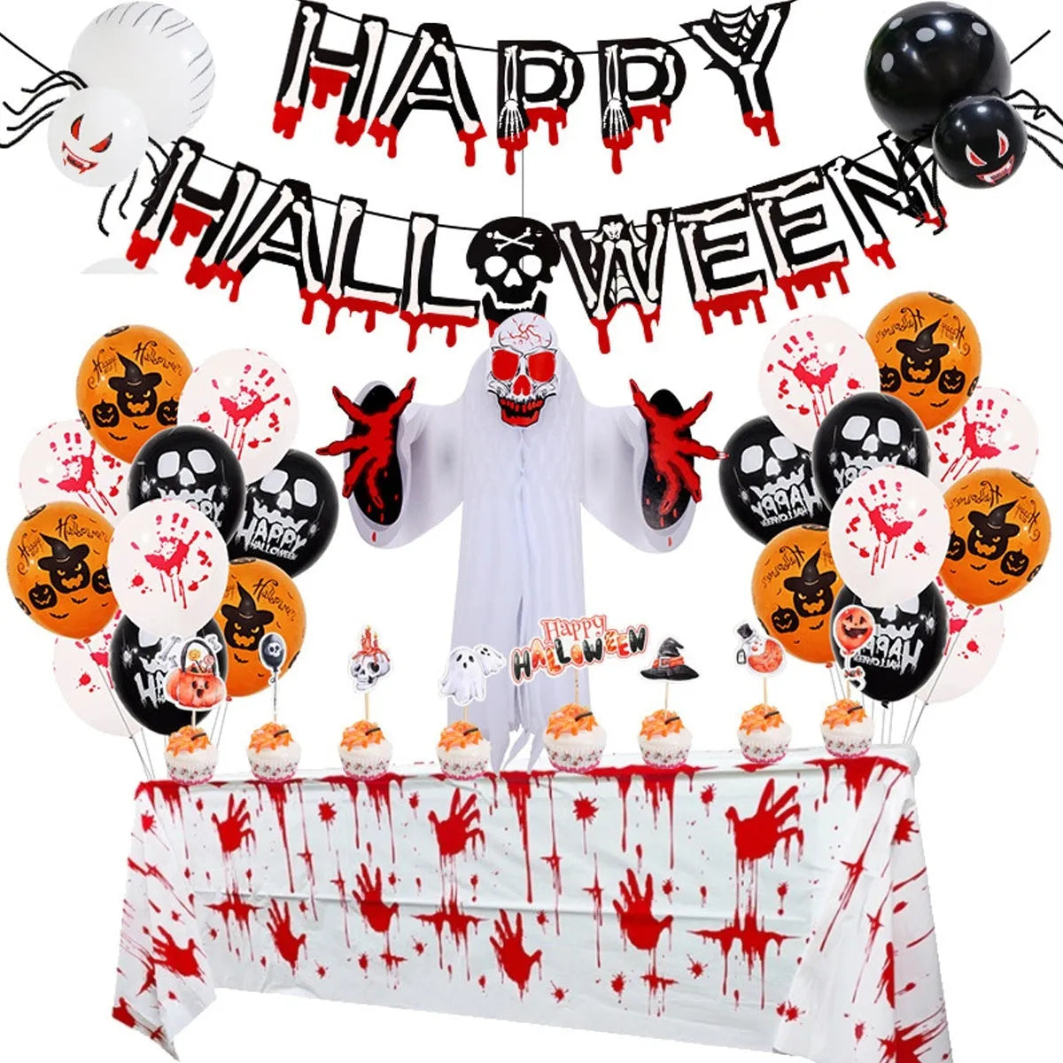 Halloween spider balloon arch decoration set with black and white latex skull and pumpkin balloons.