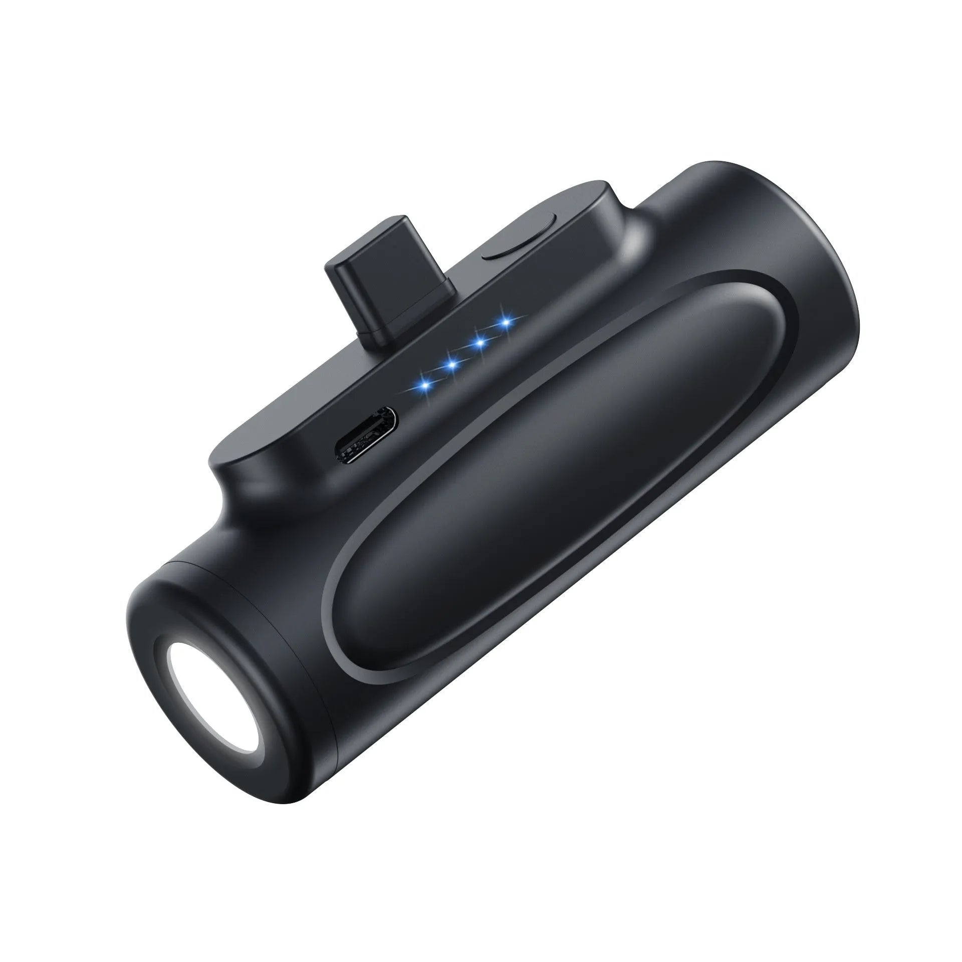 Black creative power bank with LED flashlight showing Type-C port and compact 83x27x41mm dimensions
