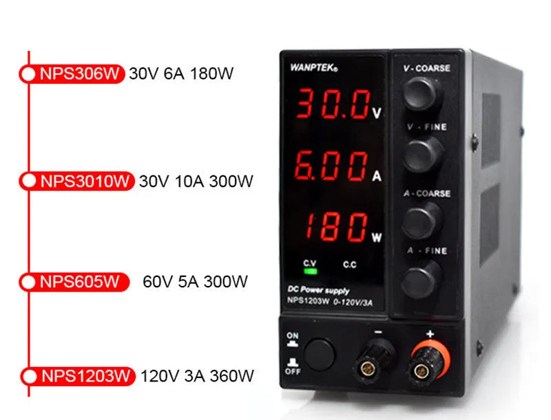 White adjustable DC laboratory power supply with digital displays for voltage and current, model S605W.