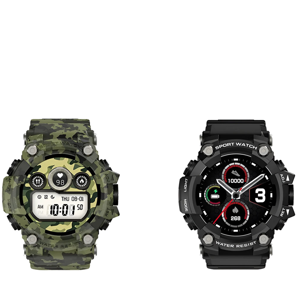 T6 Tactical Rugged Smart Watch in black or green with 1.3-inch screen on an anti-sweat double-clasp strap