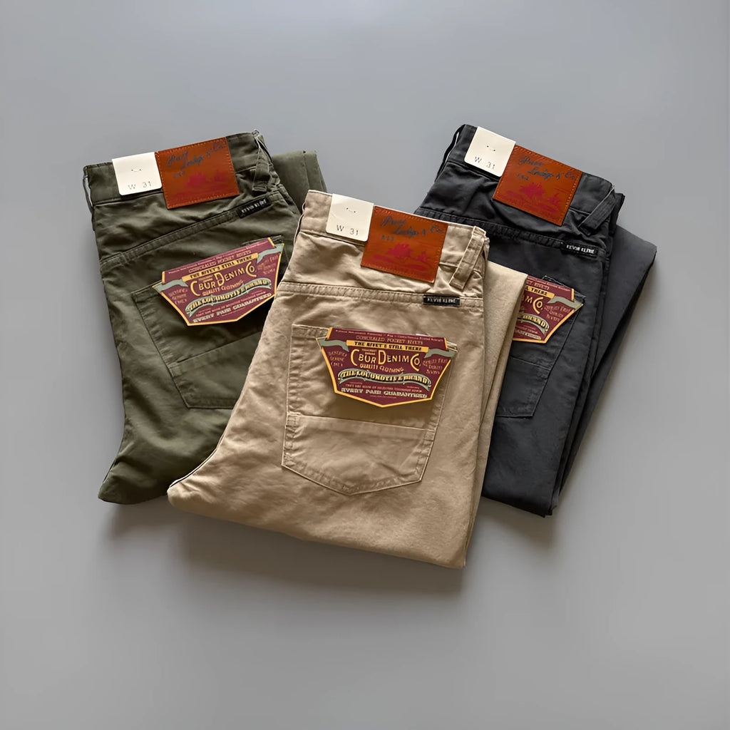 Men's straight-leg cotton casual trousers in grey, shown laid flat