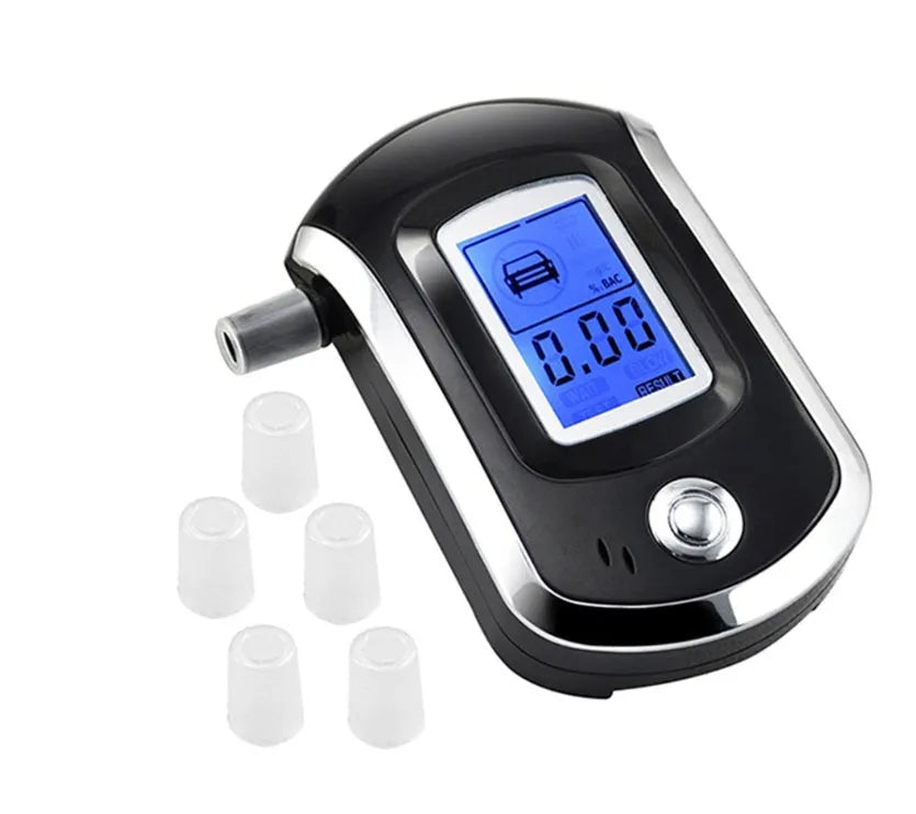Black pen-type personal alcohol breathalyser with LCD display and detached mouthpiece.