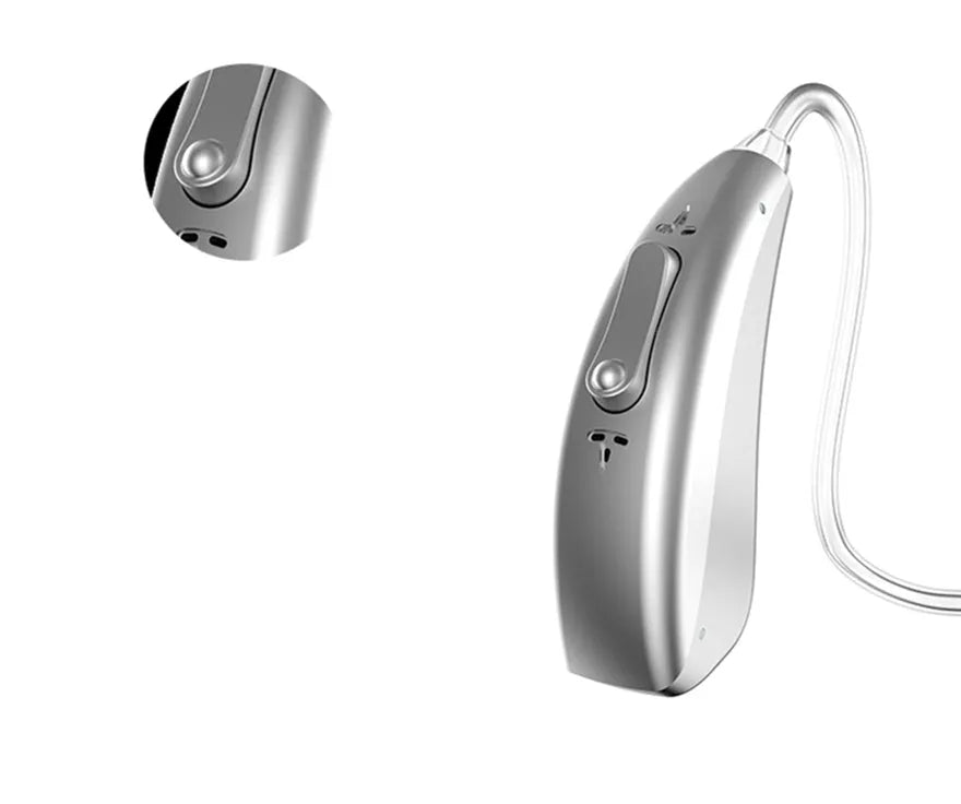 Wireless invisible hearing aid with USB charging case showing three listening mode indicators