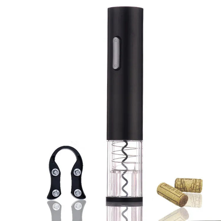 Black automatic electric wine bottle opener with foil cutter on a kitchen counter