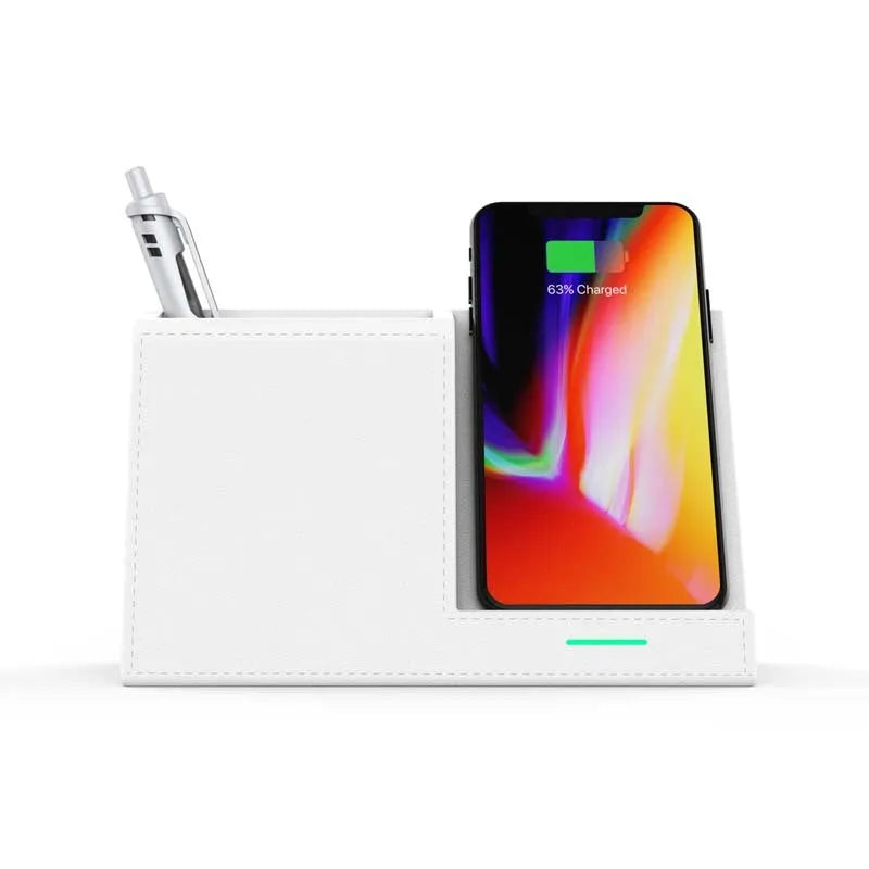 Leather pen holder wireless charger with phone charging on stand and pen storage compartments