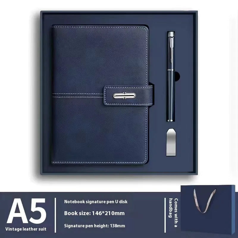 A5 notebook with imitation leather cover in multiple colour options including black, red, green, blue, and orange.