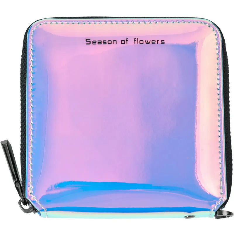 Women's short folding Korean style wallet in PU leather with 11cm square dimensions and 2.5cm thickness