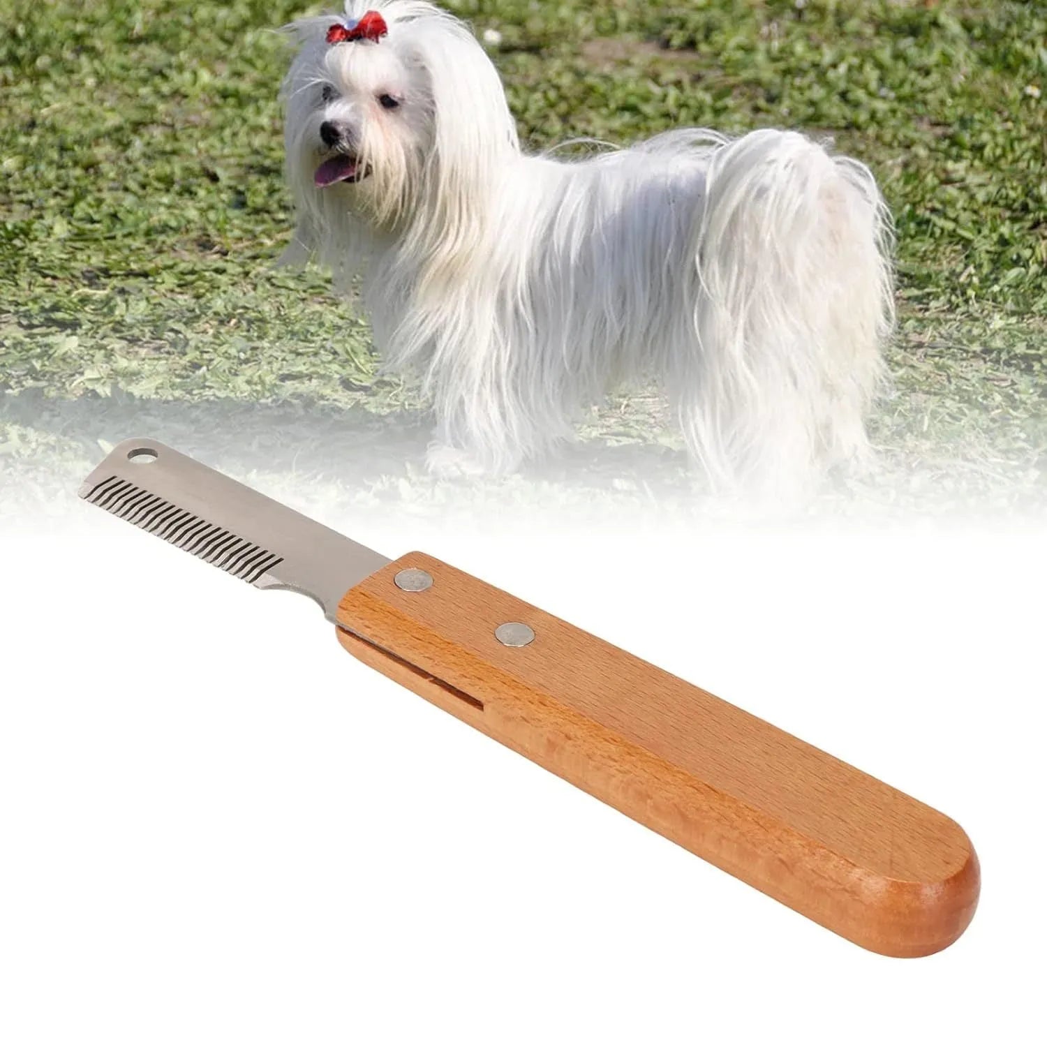 Pet stripping comb with wood handle and metal teeth for grooming long-haired dogs and cats.