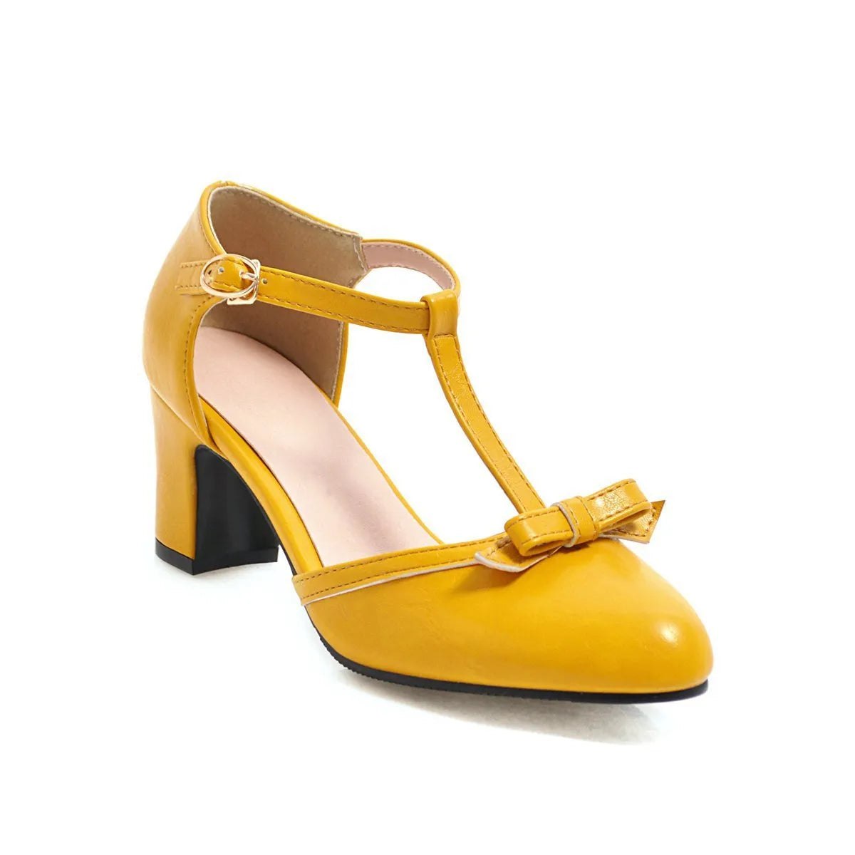Women's apricot coloured chunky heel sandals with a bow tie and adjustable buckle strap.