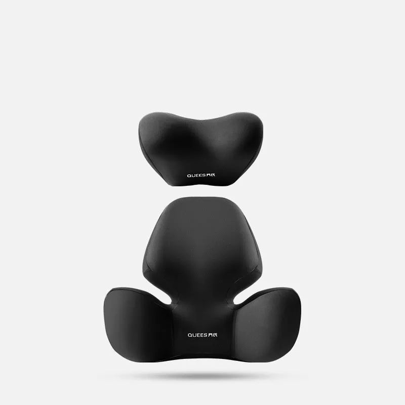 Automotive memory foam support cushion showing headrest and lumbar pillow options in grey colour