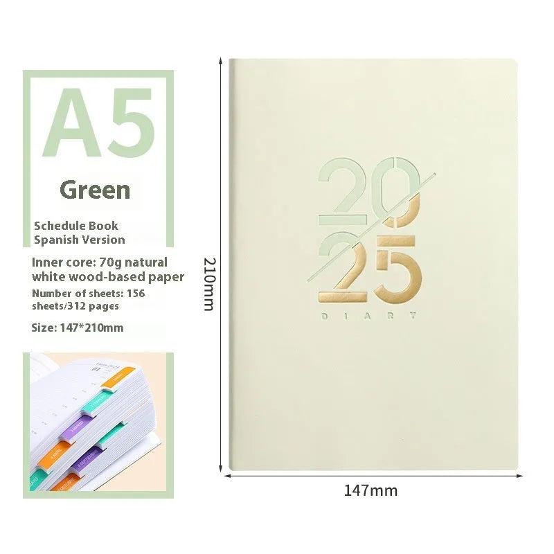 A5 daily planner with soft faux leather cover showing multiple colour options including pink yellow purple blue green