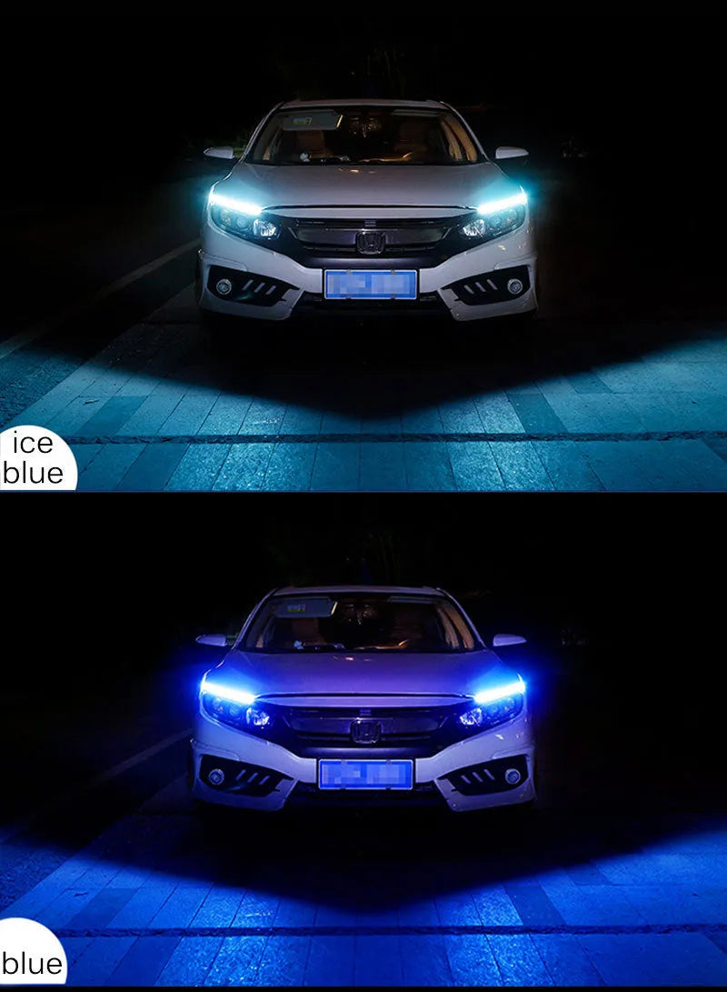 Car LED daytime running light strip with flowing turn signal function in silicone waterproof housing