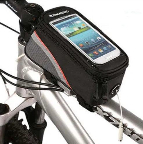 ROSWHEEL black PVC bicycle frame bag mounted on a bike, holding a mobile phone.