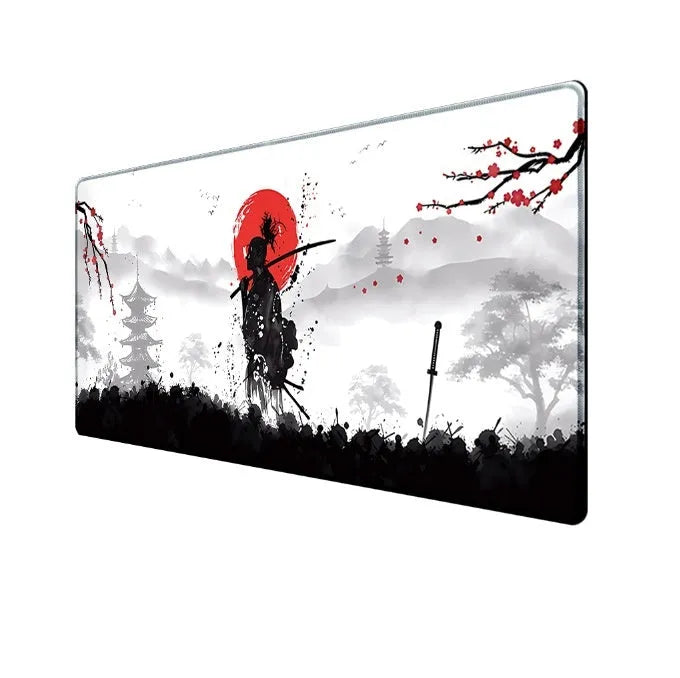 Japanese Samurai design gaming mouse pad on a desk, showing non-slip cloth base and thermal transfer print.