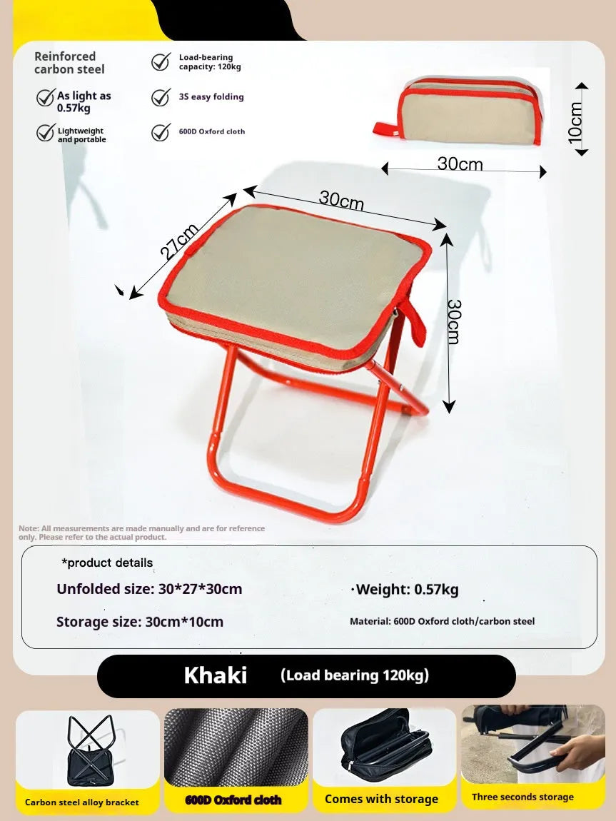 Foldable outdoor camp stool in Oxford cloth shown in a khaki colour, collapsed in its flat pencil box design.