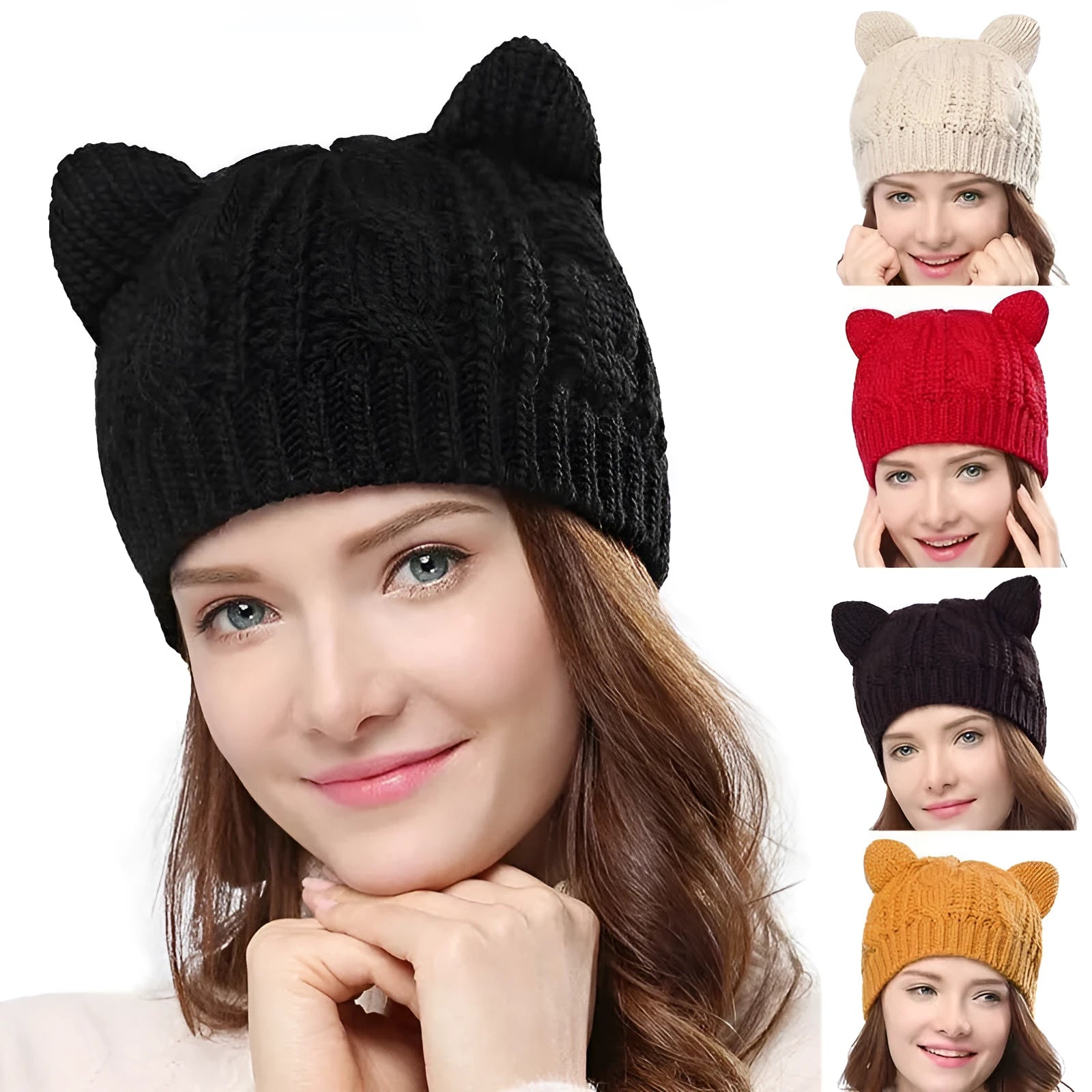 Handmade red knitted beanie with 3D cat ears on a white background.