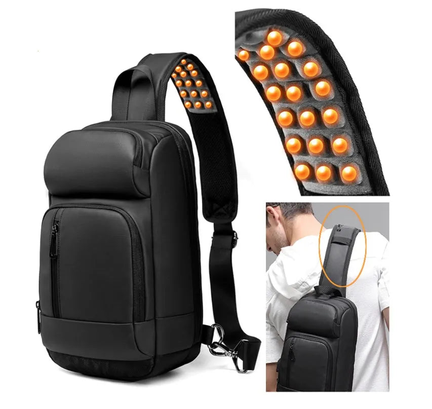 Black PVC outdoor shoulder bag with air cushion strap and multiple compartments